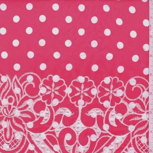 2 1/8 YD PC-Bright Red/White Dot Embroidered Floral Rayon Challis Fabric