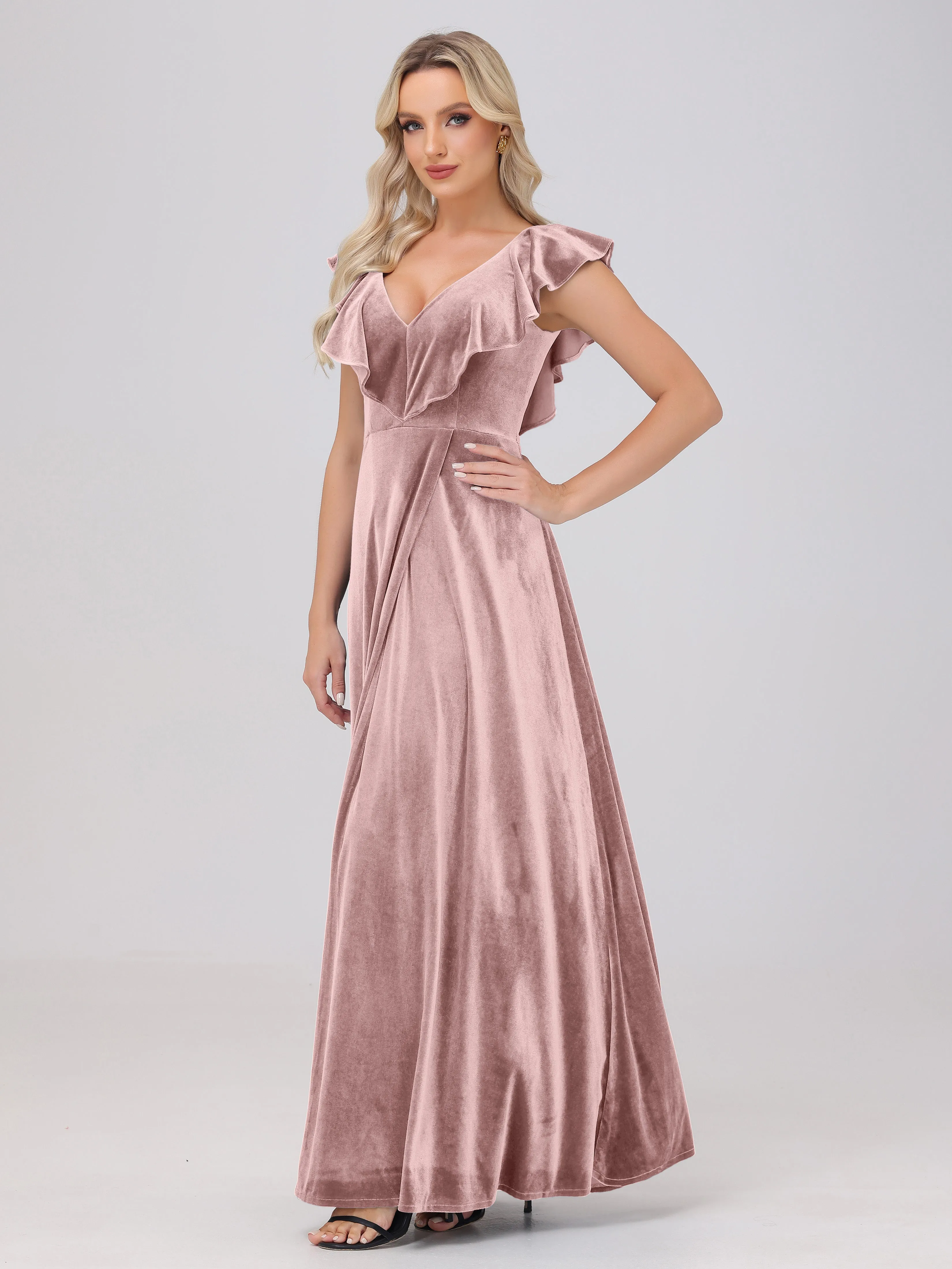 A-Line Ruffles Sleeves V-Neck Long Velvet Bridesmaid Dresses With Split