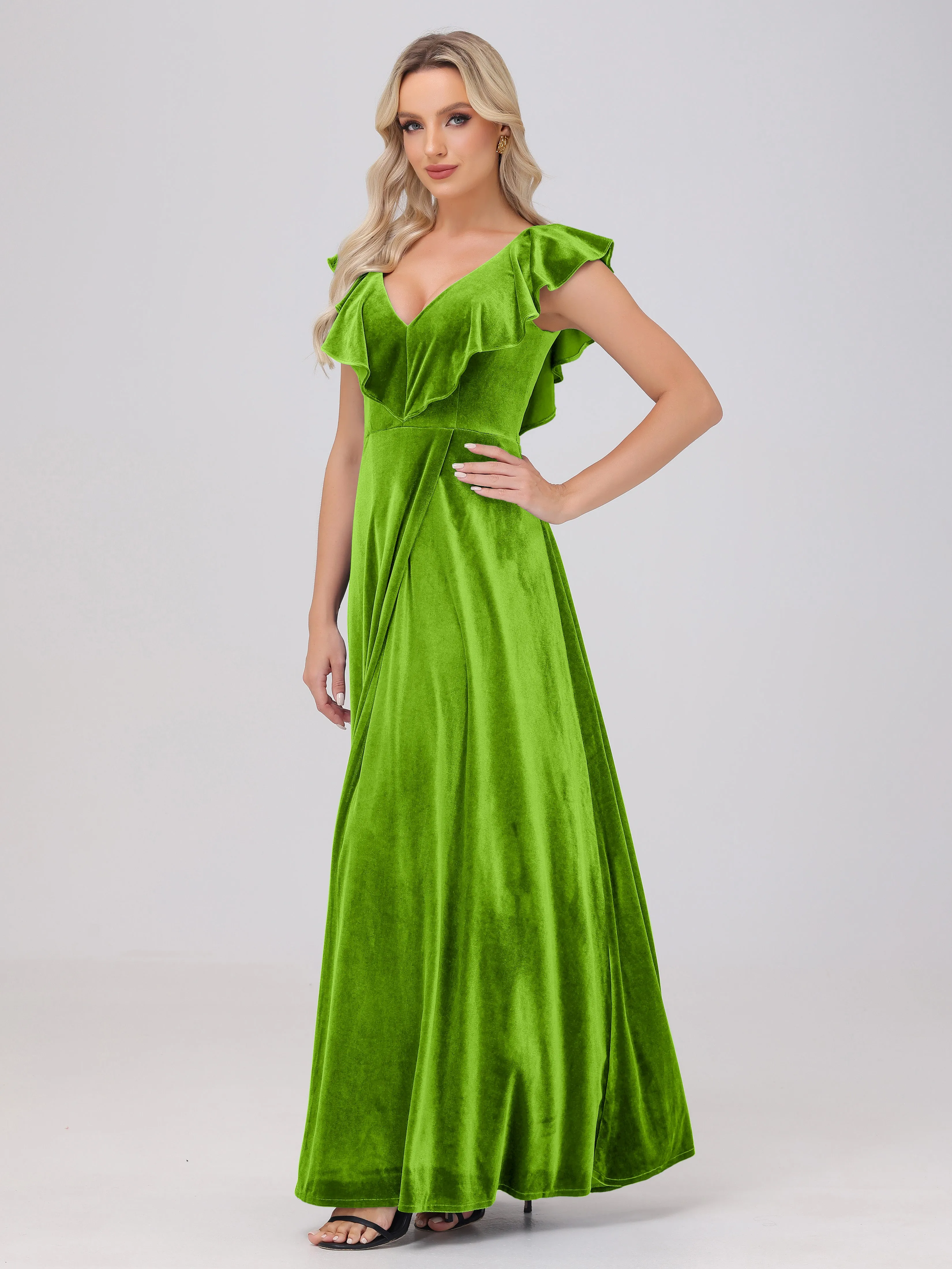 A-Line Ruffles Sleeves V-Neck Long Velvet Bridesmaid Dresses With Split