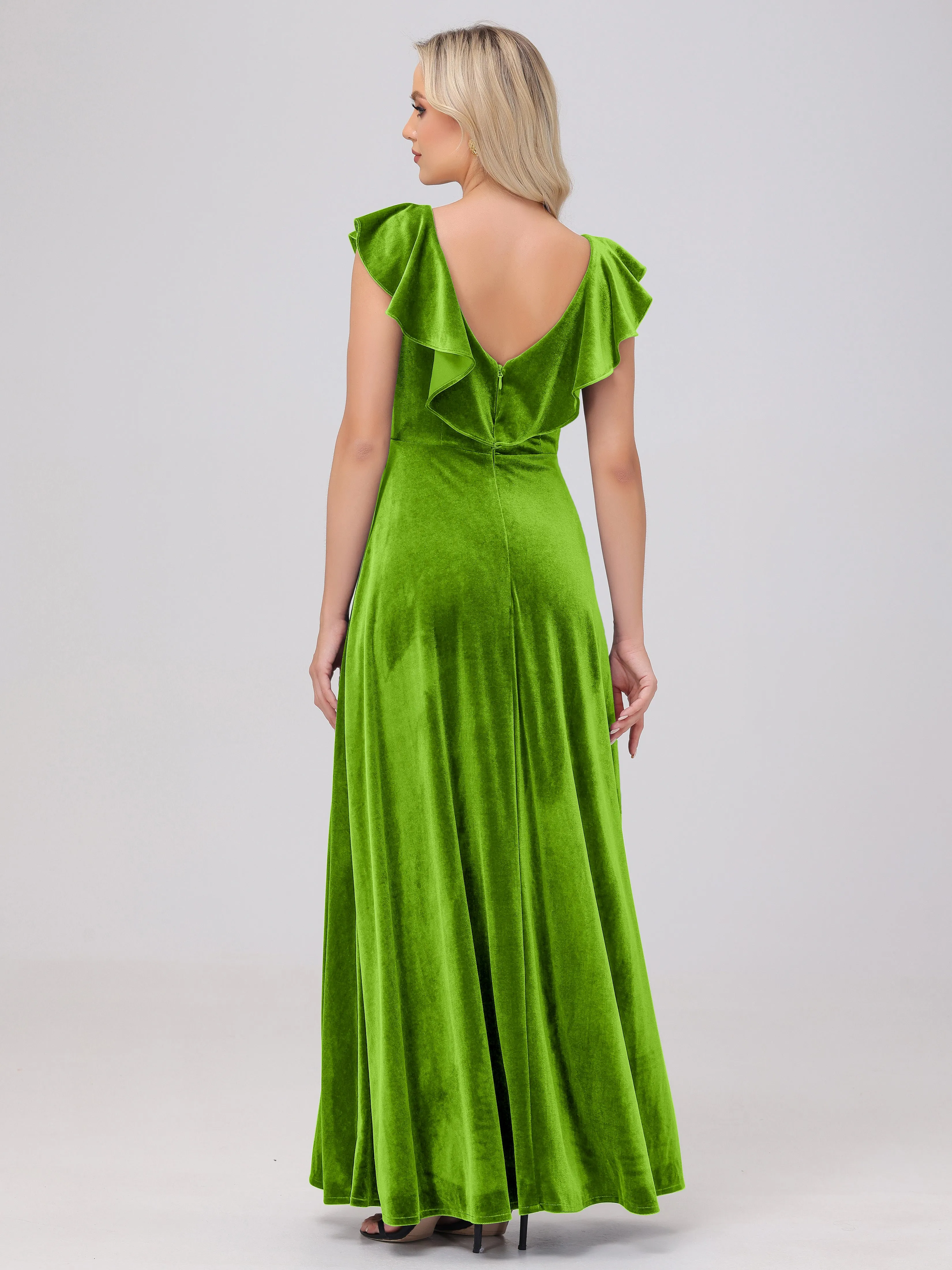 A-Line Ruffles Sleeves V-Neck Long Velvet Bridesmaid Dresses With Split