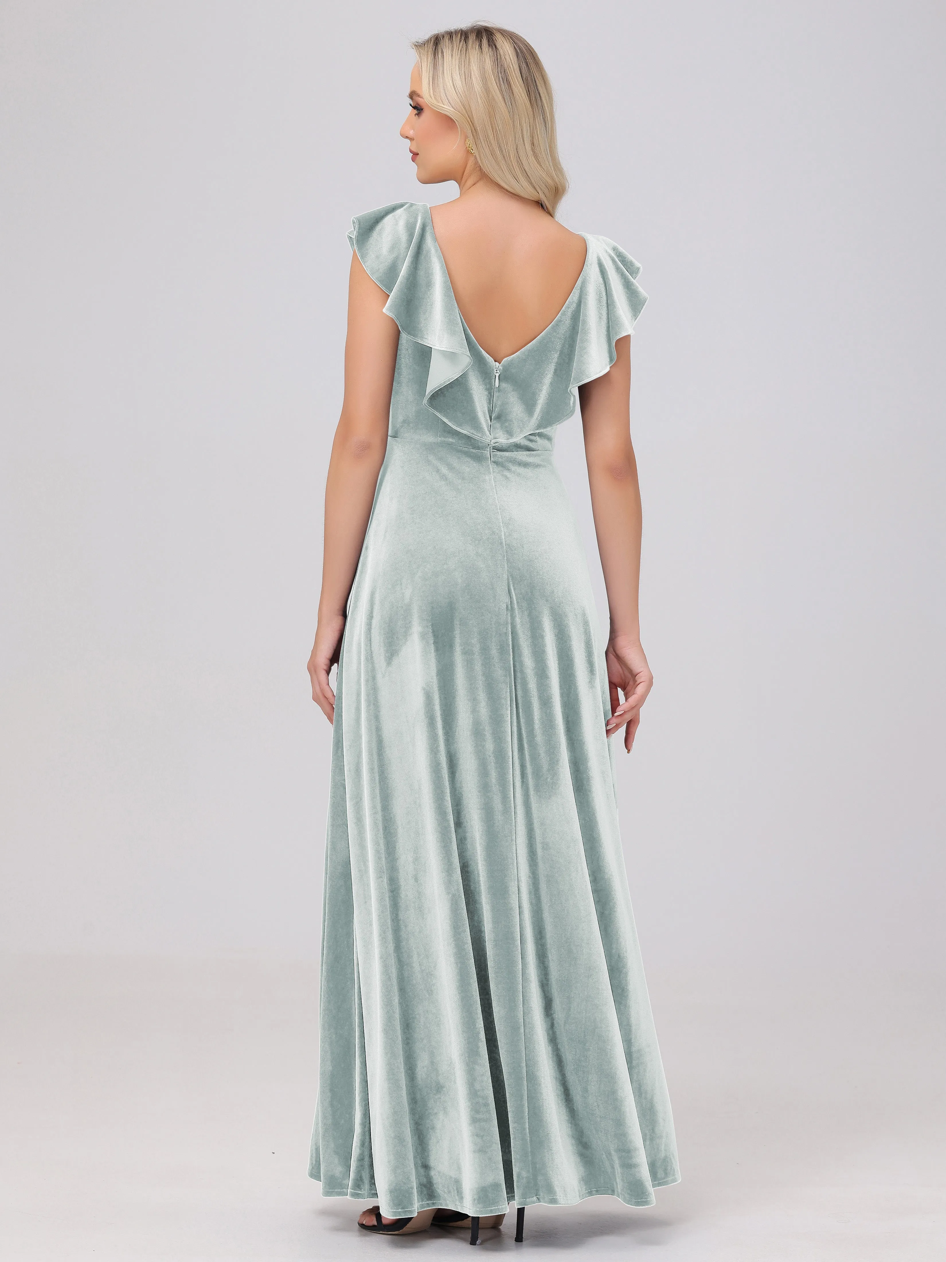 A-Line Ruffles Sleeves V-Neck Long Velvet Bridesmaid Dresses With Split