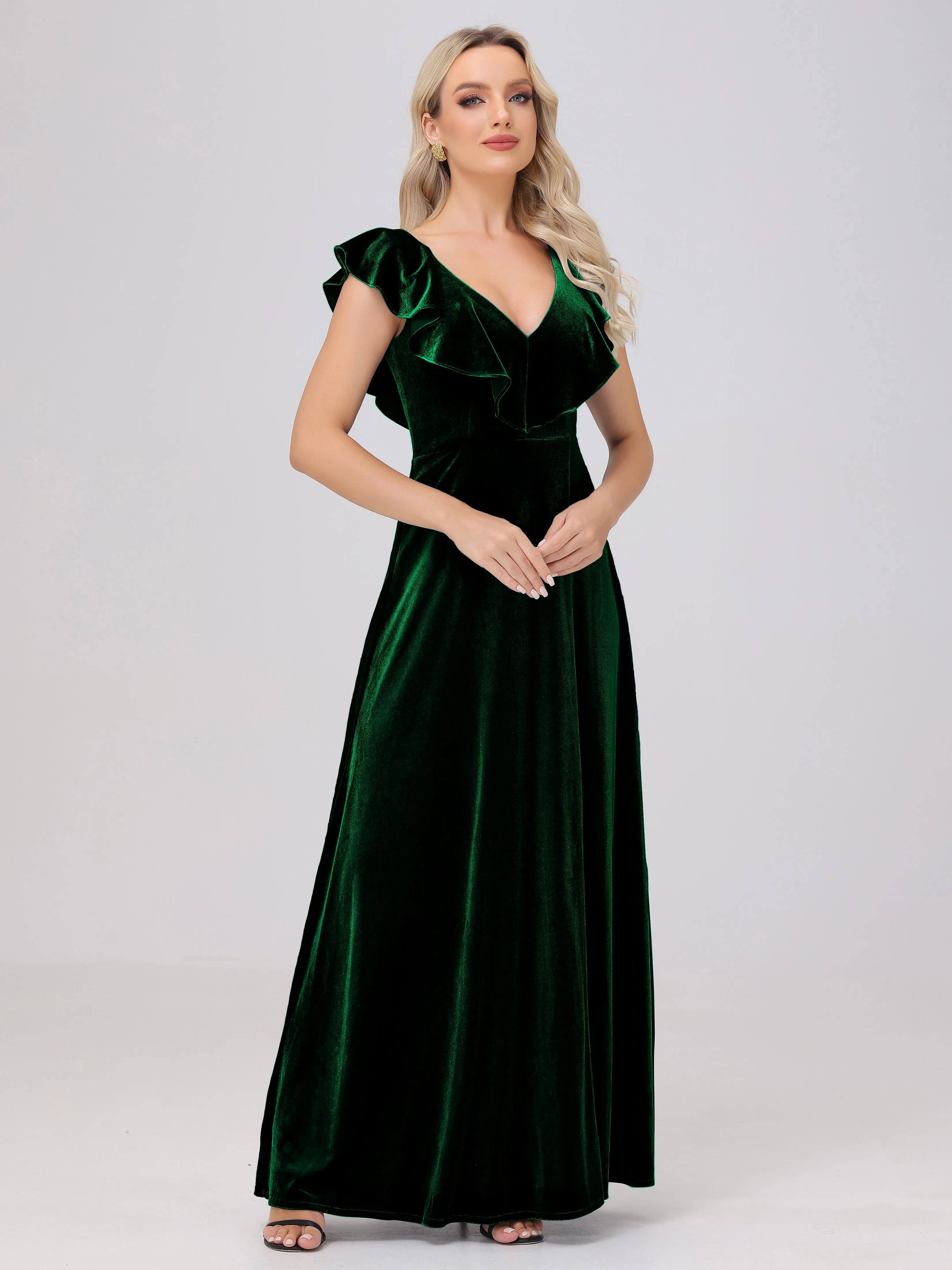 A-Line Ruffles Sleeves V-Neck Long Velvet Bridesmaid Dresses With Split