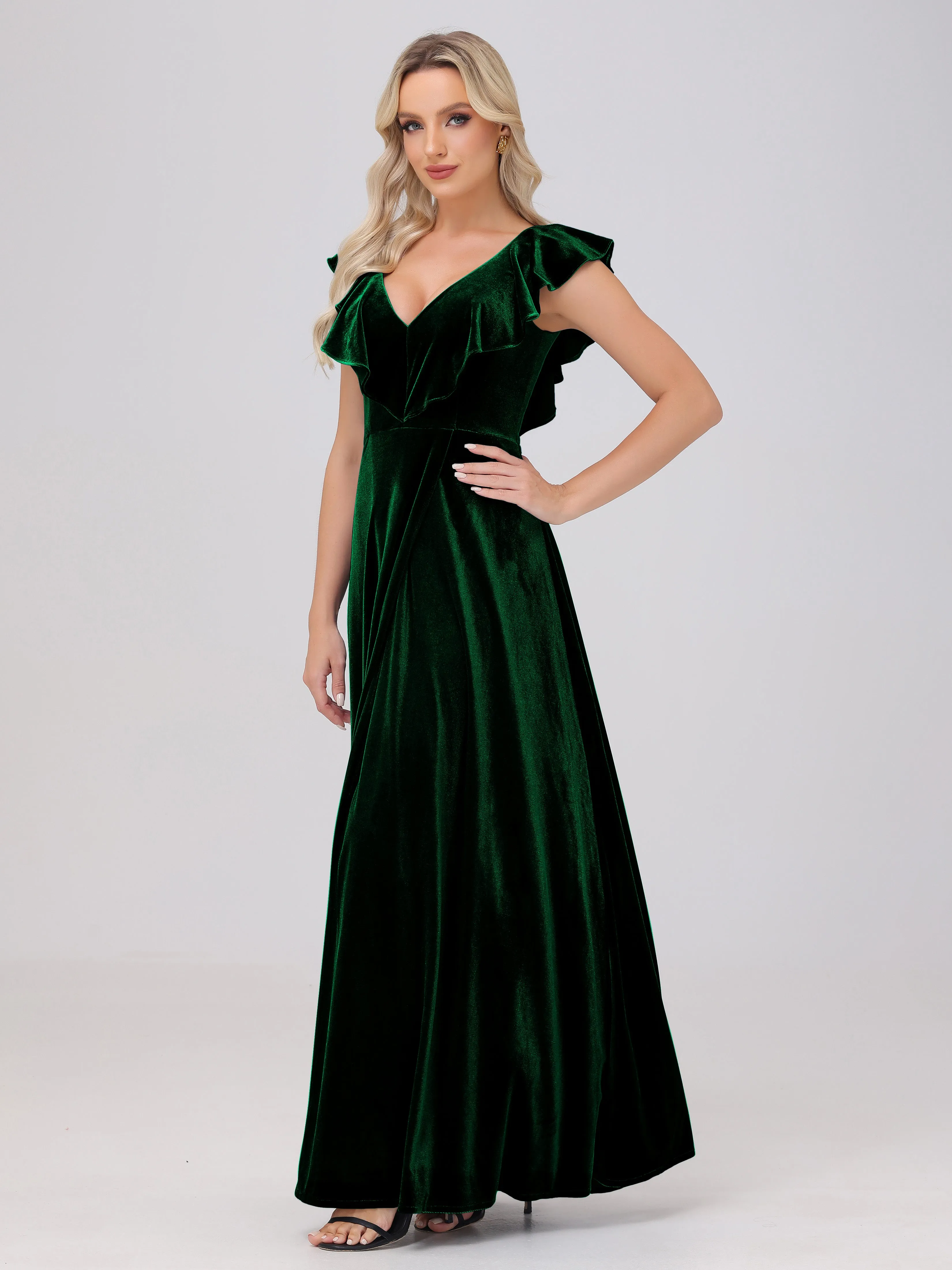 A-Line Ruffles Sleeves V-Neck Long Velvet Bridesmaid Dresses With Split