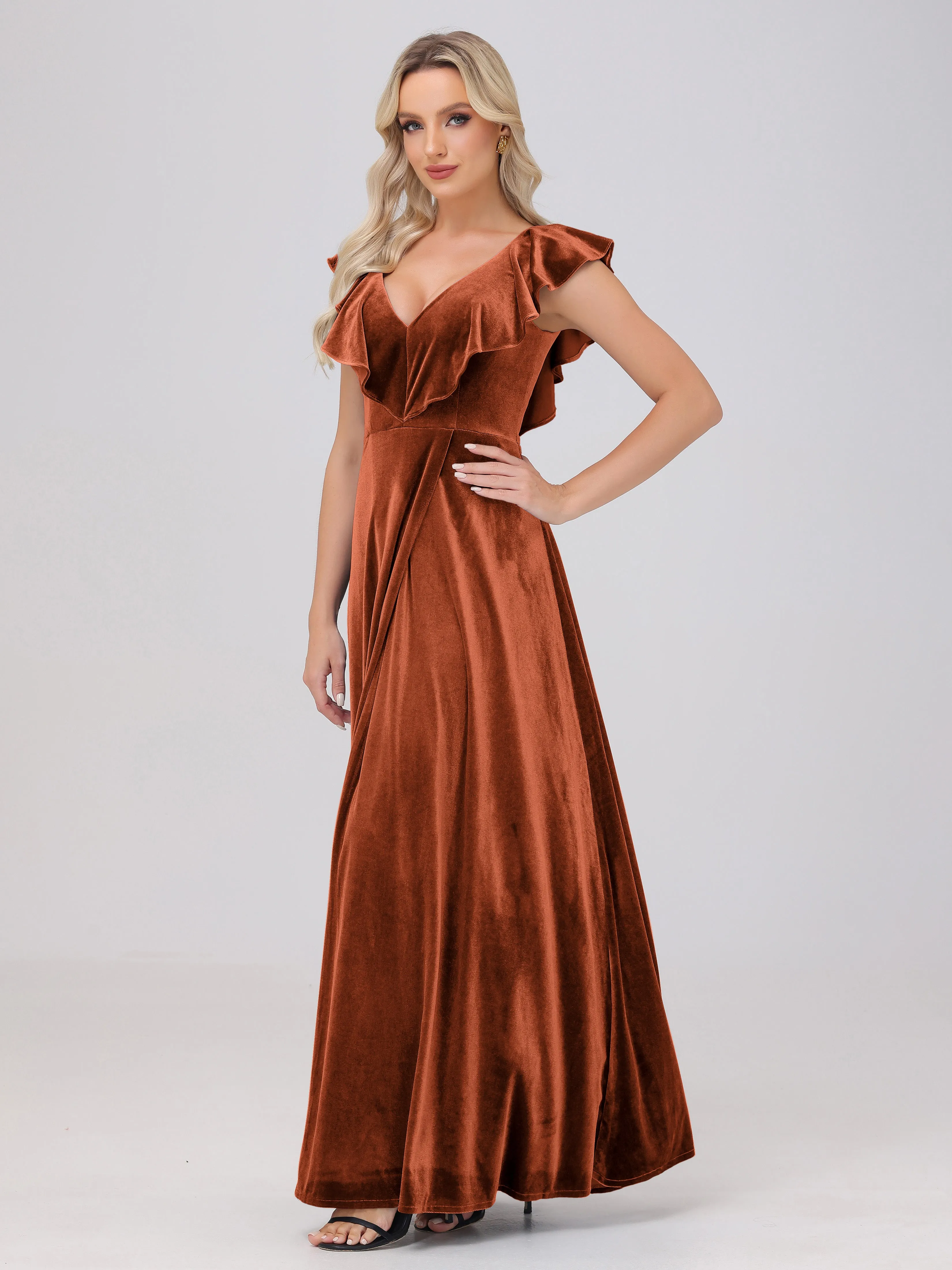 A-Line Ruffles Sleeves V-Neck Long Velvet Bridesmaid Dresses With Split