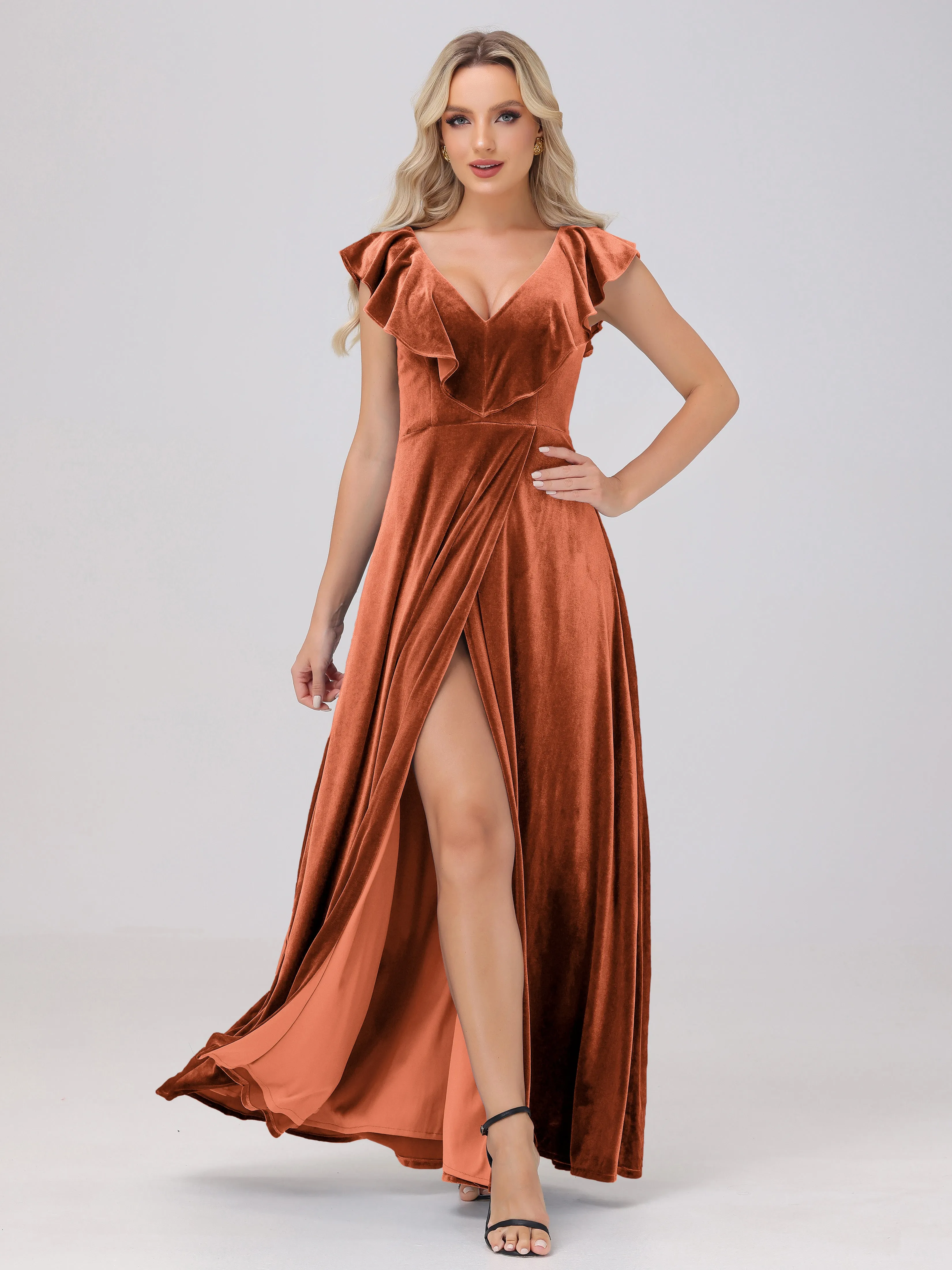 A-Line Ruffles Sleeves V-Neck Long Velvet Bridesmaid Dresses With Split