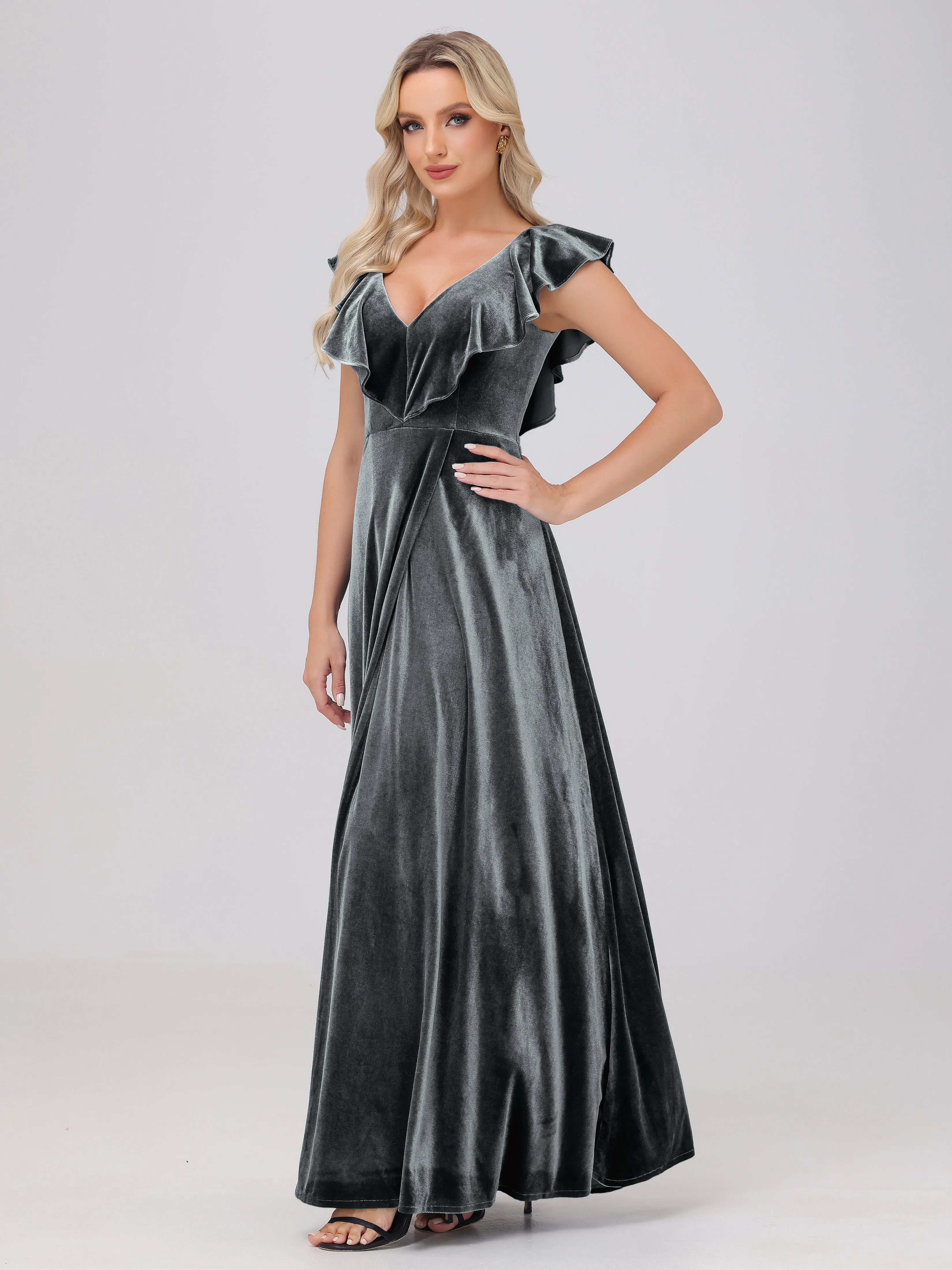 A-Line Ruffles Sleeves V-Neck Long Velvet Bridesmaid Dresses With Split