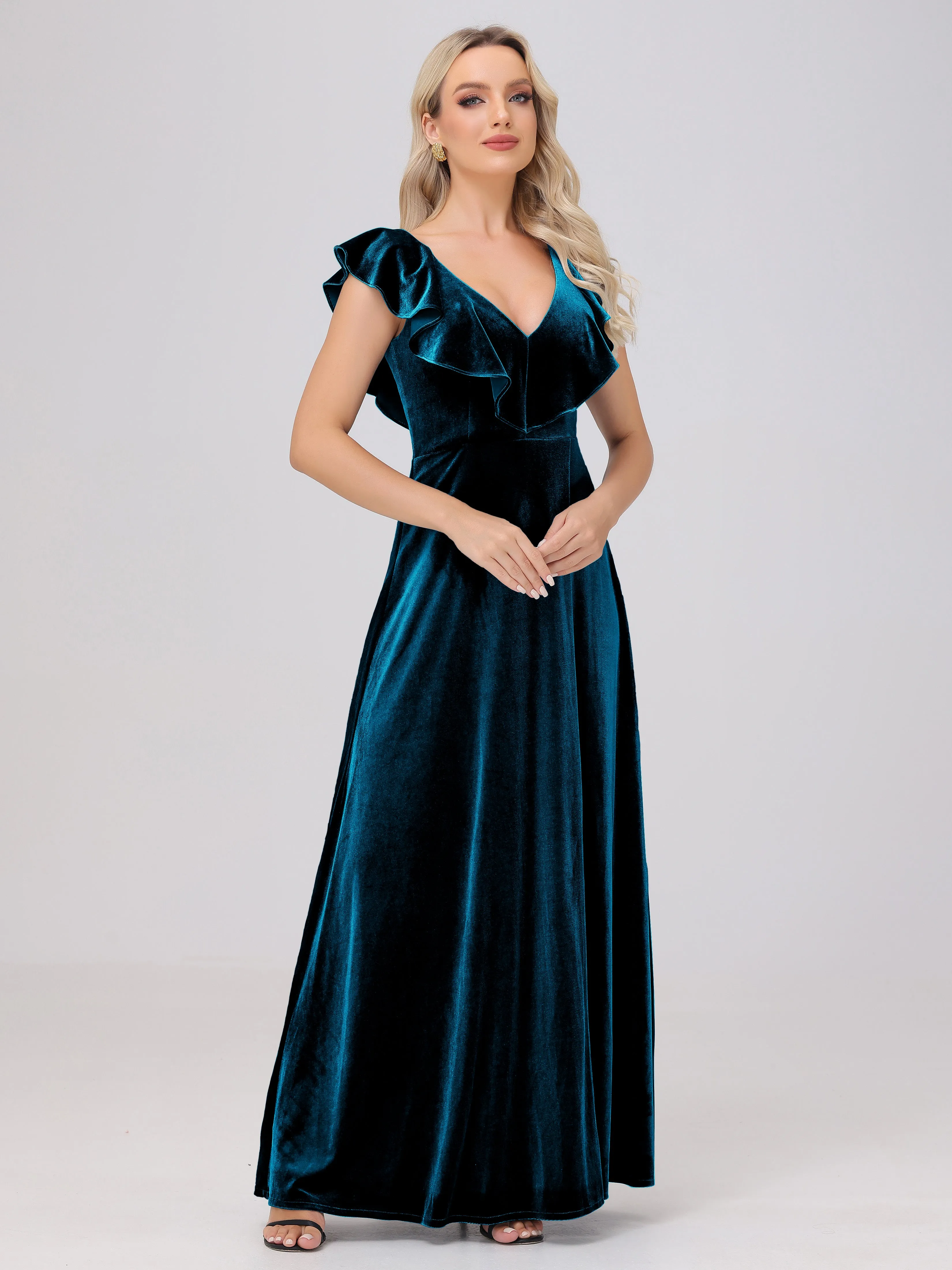 A-Line Ruffles Sleeves V-Neck Long Velvet Bridesmaid Dresses With Split