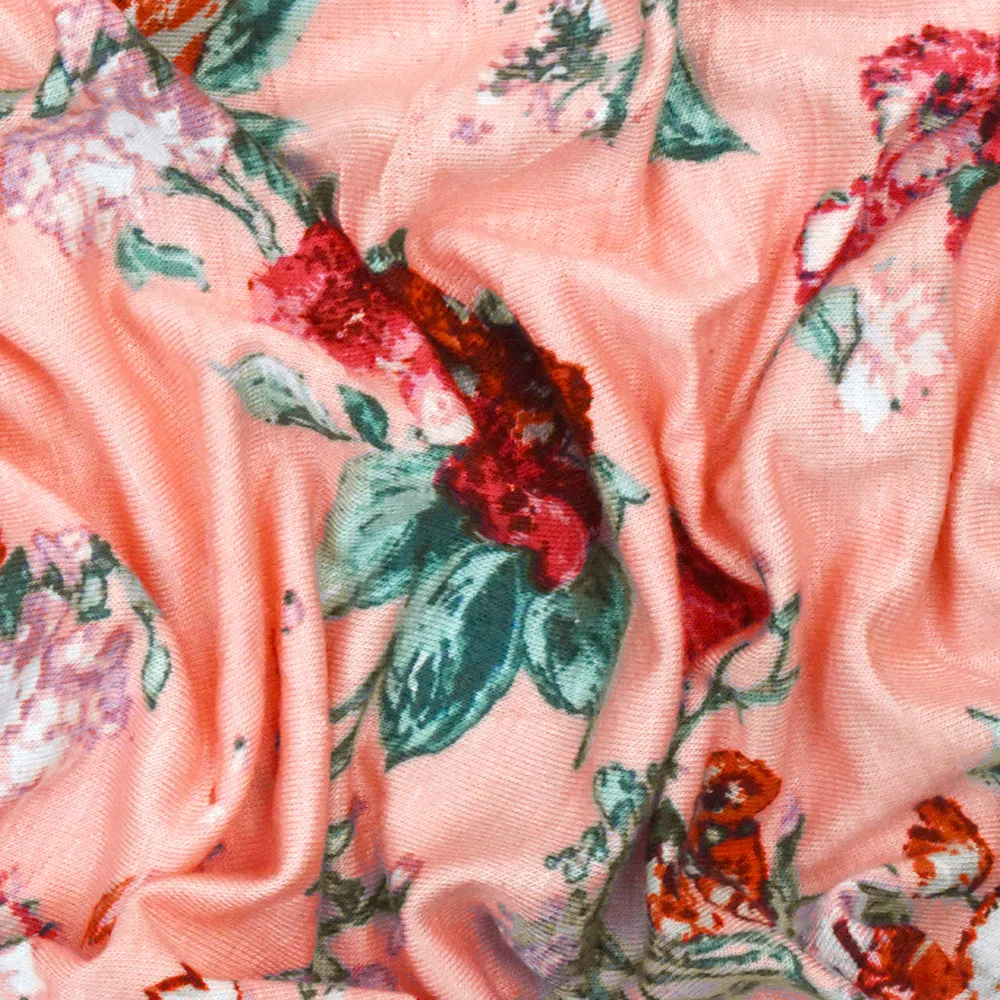 Almond Pink-Maroon-Multi Floral Printed Rayon Stretch Jersey Knit Fabric