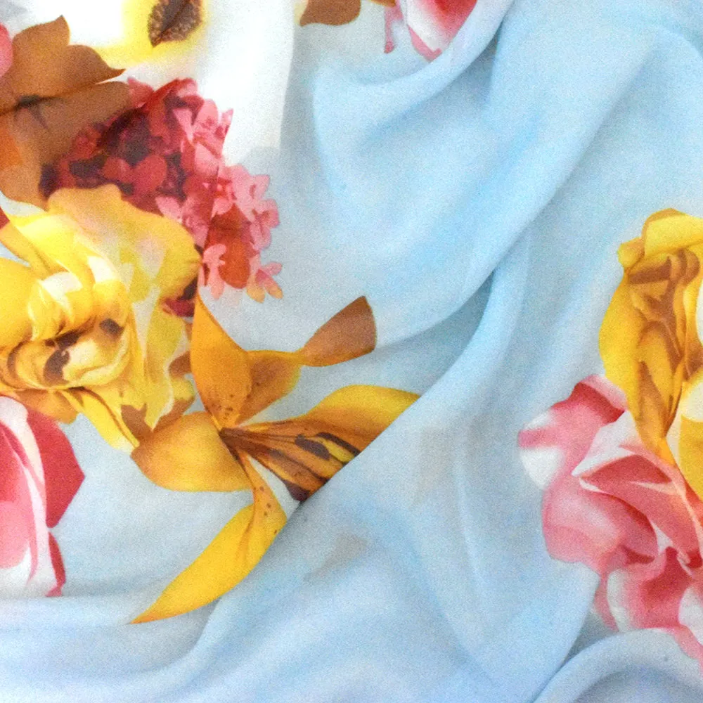 Angel Blue-Yellow-Multi Floral Printed Polyester Chiffon Woven Fabric