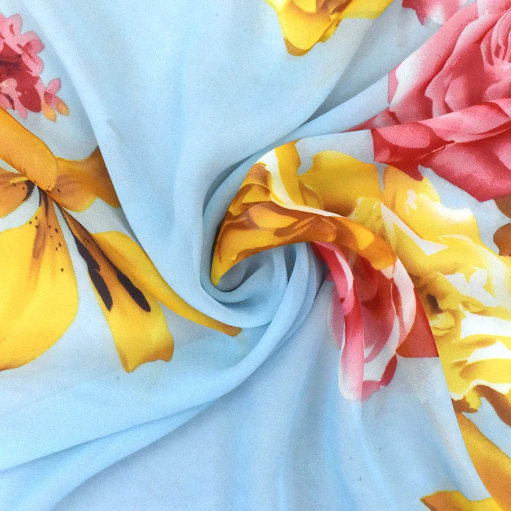 Angel Blue-Yellow-Multi Floral Printed Polyester Chiffon Woven Fabric