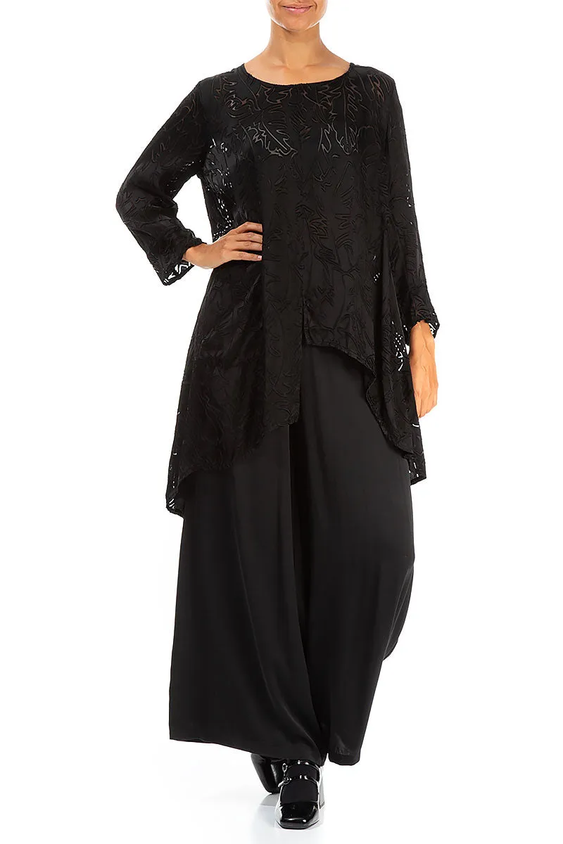 Asymmetrical Black Devoré Feather Silk Tunic