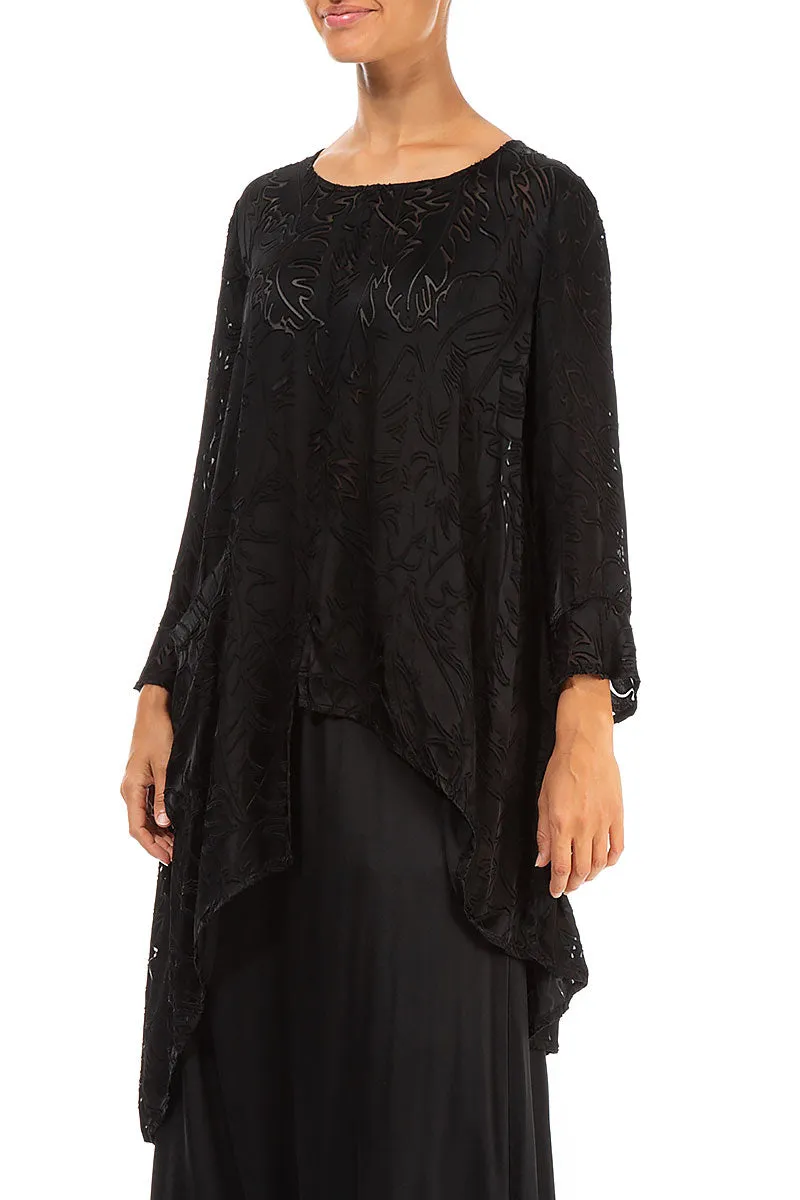 Asymmetrical Black Devoré Feather Silk Tunic