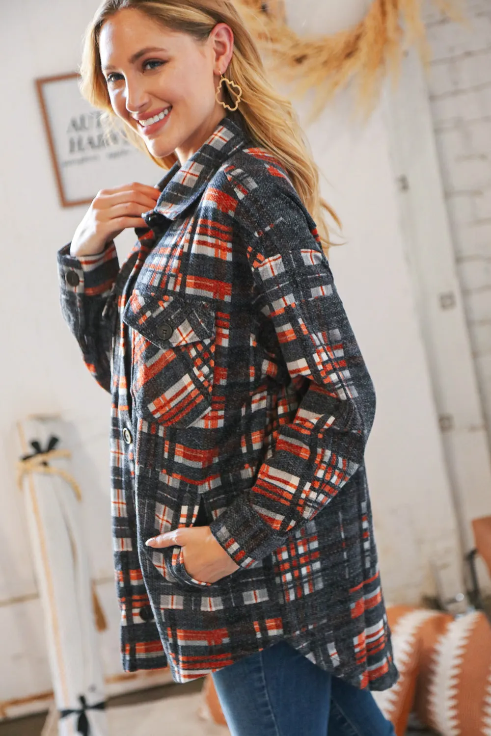 Black & Rust Brushed Plaid Oversize Pocketed Shacket