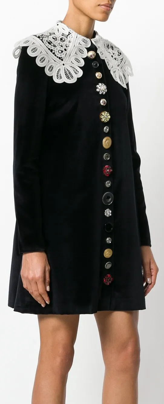 Black Button-Embellished Lace-Collar Velvet Dress - Limited Stock