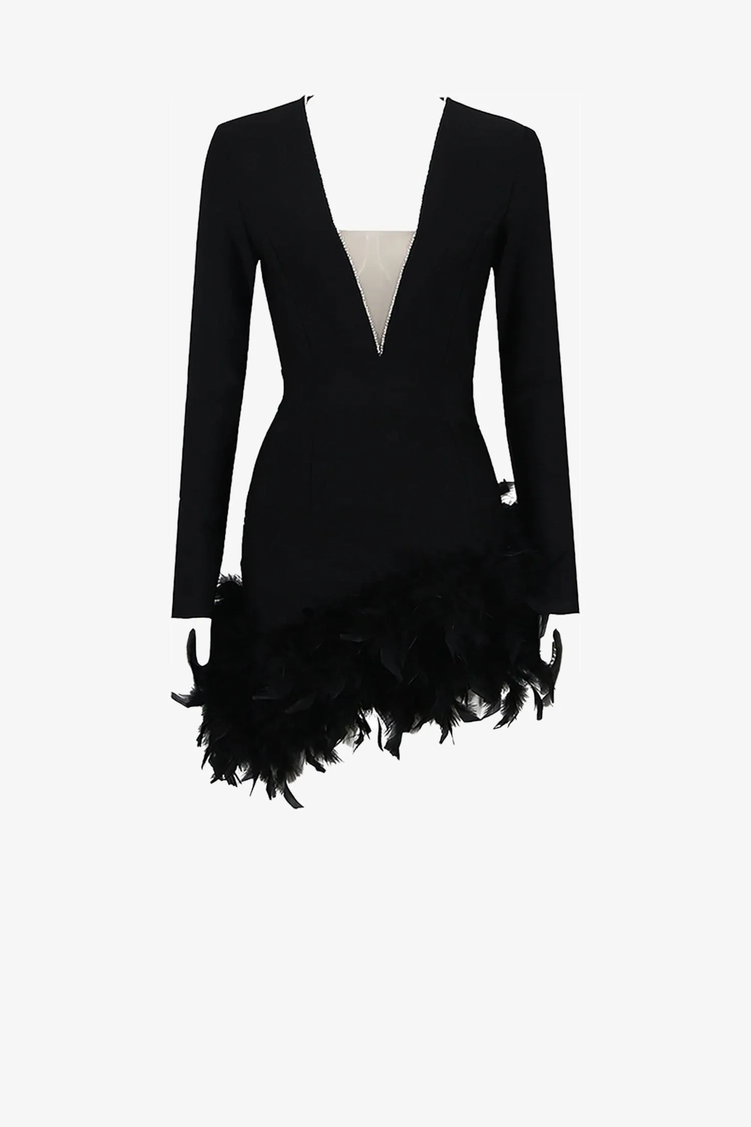 Black Long Sleeves Feather Skirt Mini Dress