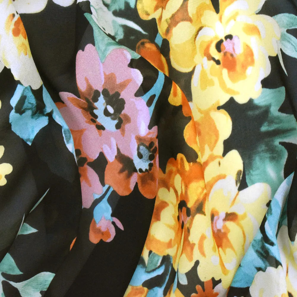 Black-Multi Famous Designer Floral Print Viscose Chiffon Woven Fabric