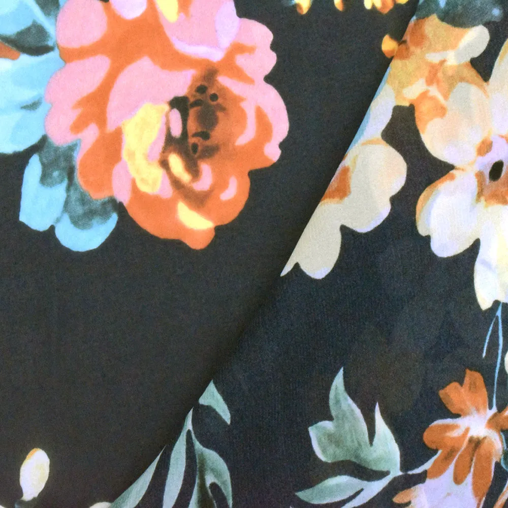 Black-Multi Famous Designer Floral Print Viscose Chiffon Woven Fabric