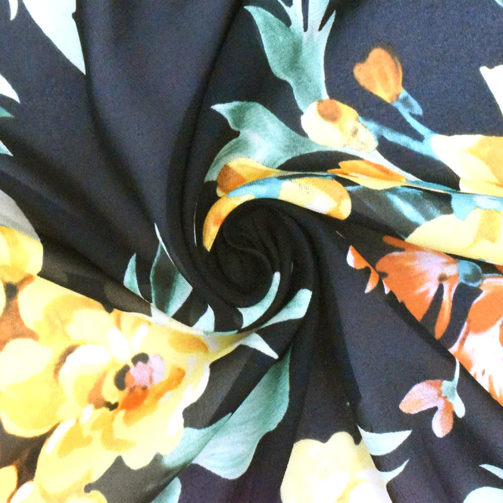 Black-Multi Famous Designer Floral Print Viscose Chiffon Woven Fabric