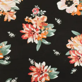 Black-Orange-Multi Floral Printed Stretch Rayon Jersey Knit Fabric