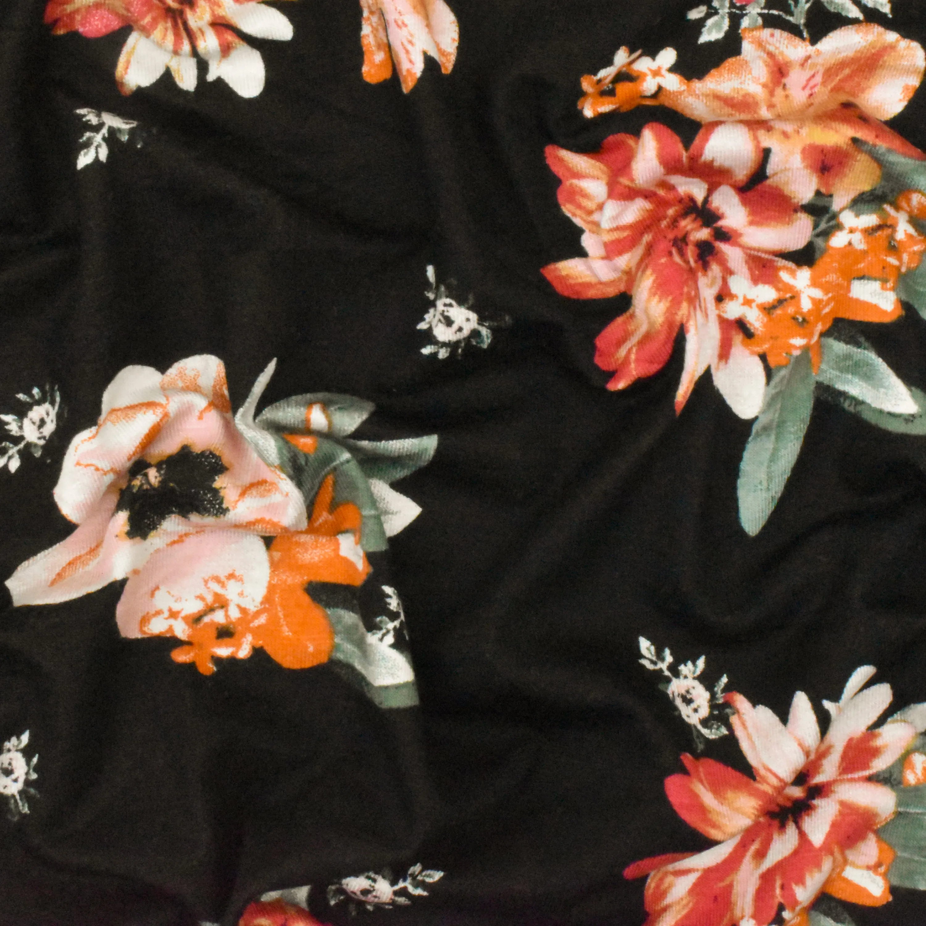 Black-Orange-Multi Floral Printed Stretch Rayon Jersey Knit Fabric