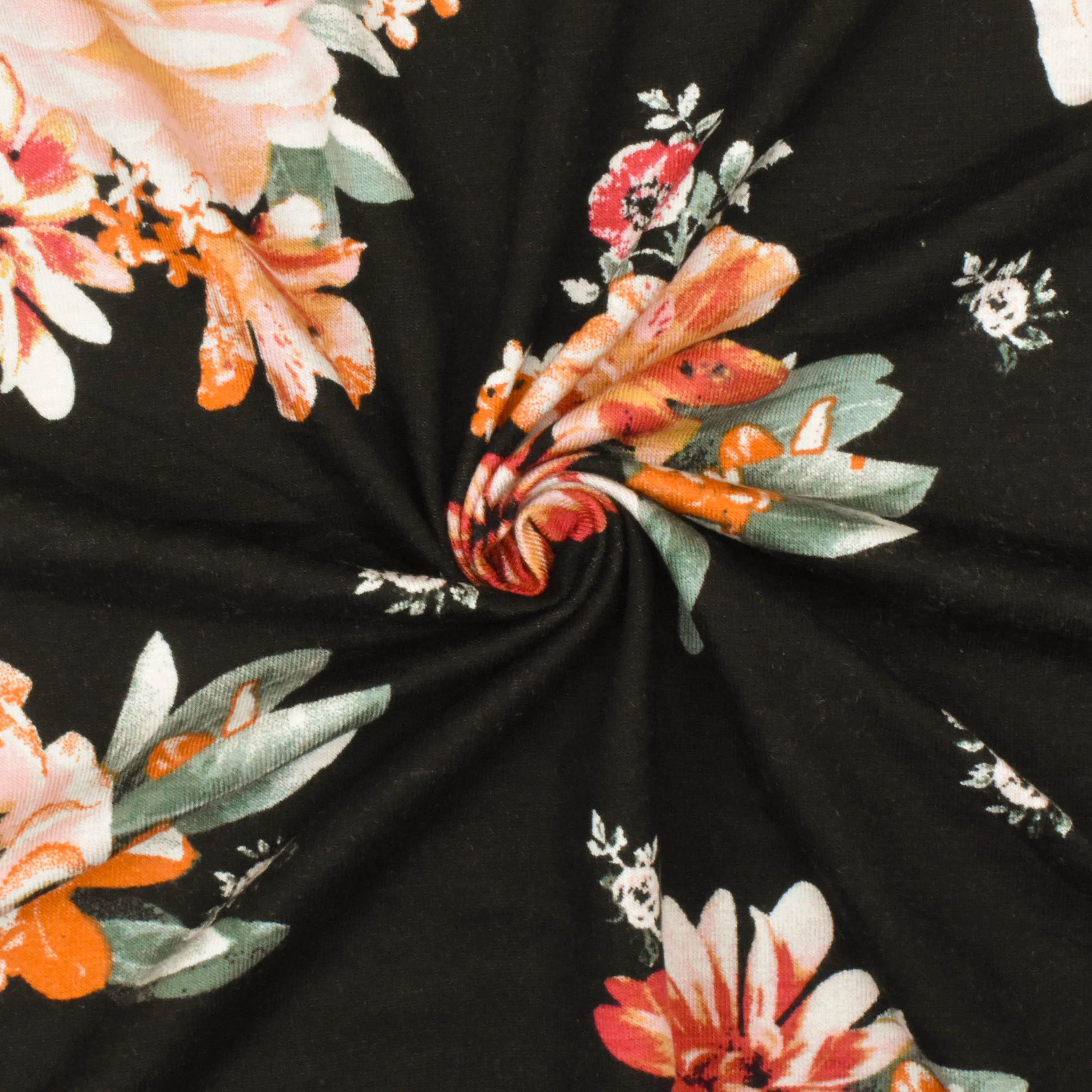 Black-Orange-Multi Floral Printed Stretch Rayon Jersey Knit Fabric