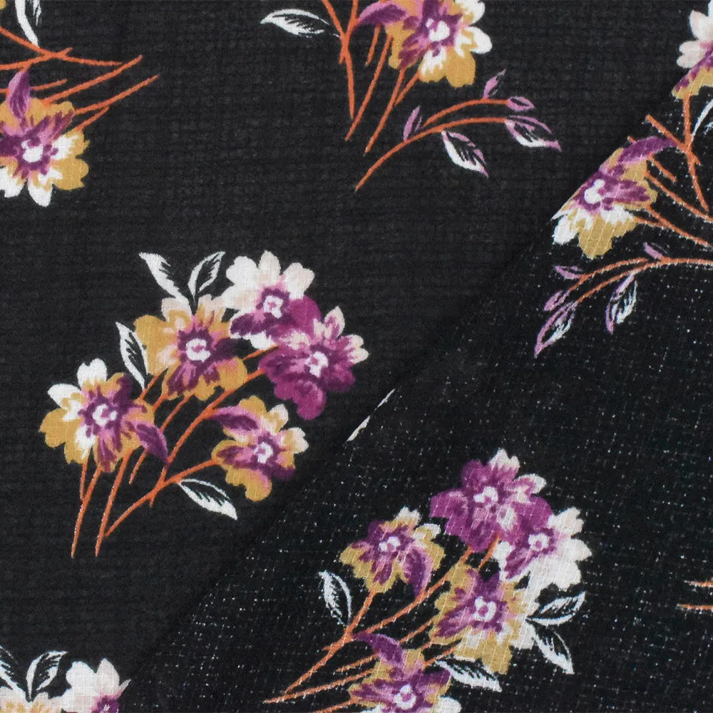 Black-Purple-Multi Floral Printed Poly Grid Slub Chiffon Woven Fabric