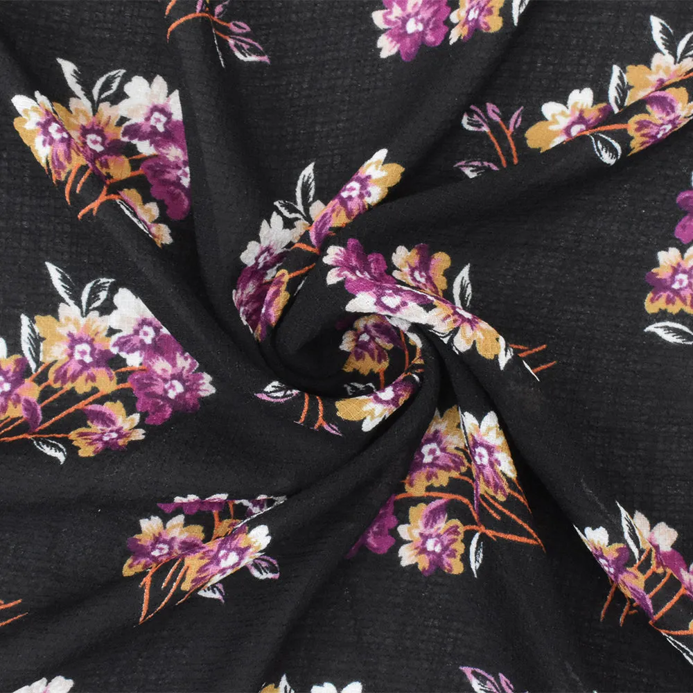 Black-Purple-Multi Floral Printed Poly Grid Slub Chiffon Woven Fabric