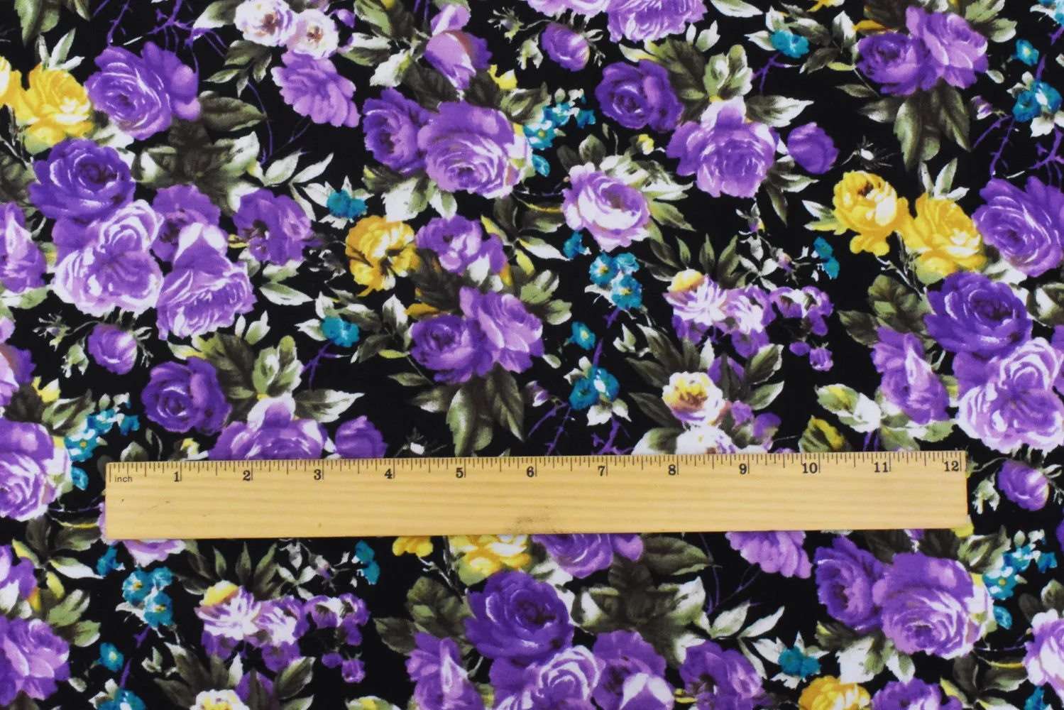 Black-Purple-Multi Floral Printed Stretch Cotton Spandex Jersey Knit Fabric