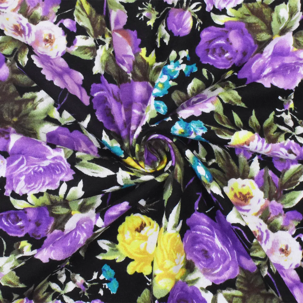 Black-Purple-Multi Floral Printed Stretch Cotton Spandex Jersey Knit Fabric