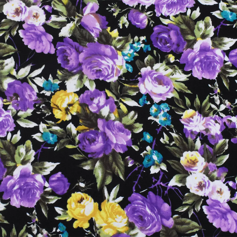 Black-Purple-Multi Floral Printed Stretch Cotton Spandex Jersey Knit Fabric