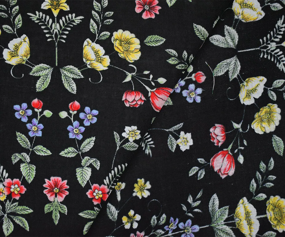 Black-Red-Blue-Multi Floral Printed Linen Woven Fabric