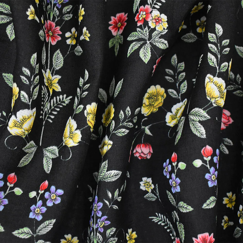 Black-Red-Blue-Multi Floral Printed Linen Woven Fabric