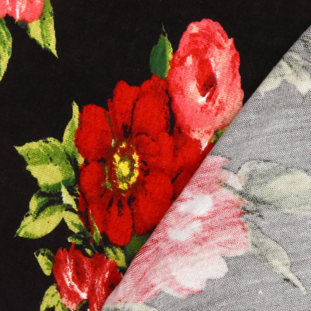 Black-Red-Multi Floral Printed Stretch Rayon Jersey Knit Fabric