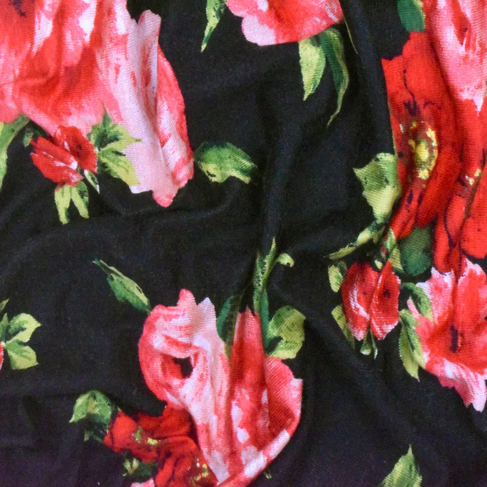 Black-Red-Multi Floral Printed Stretch Rayon Jersey Knit Fabric