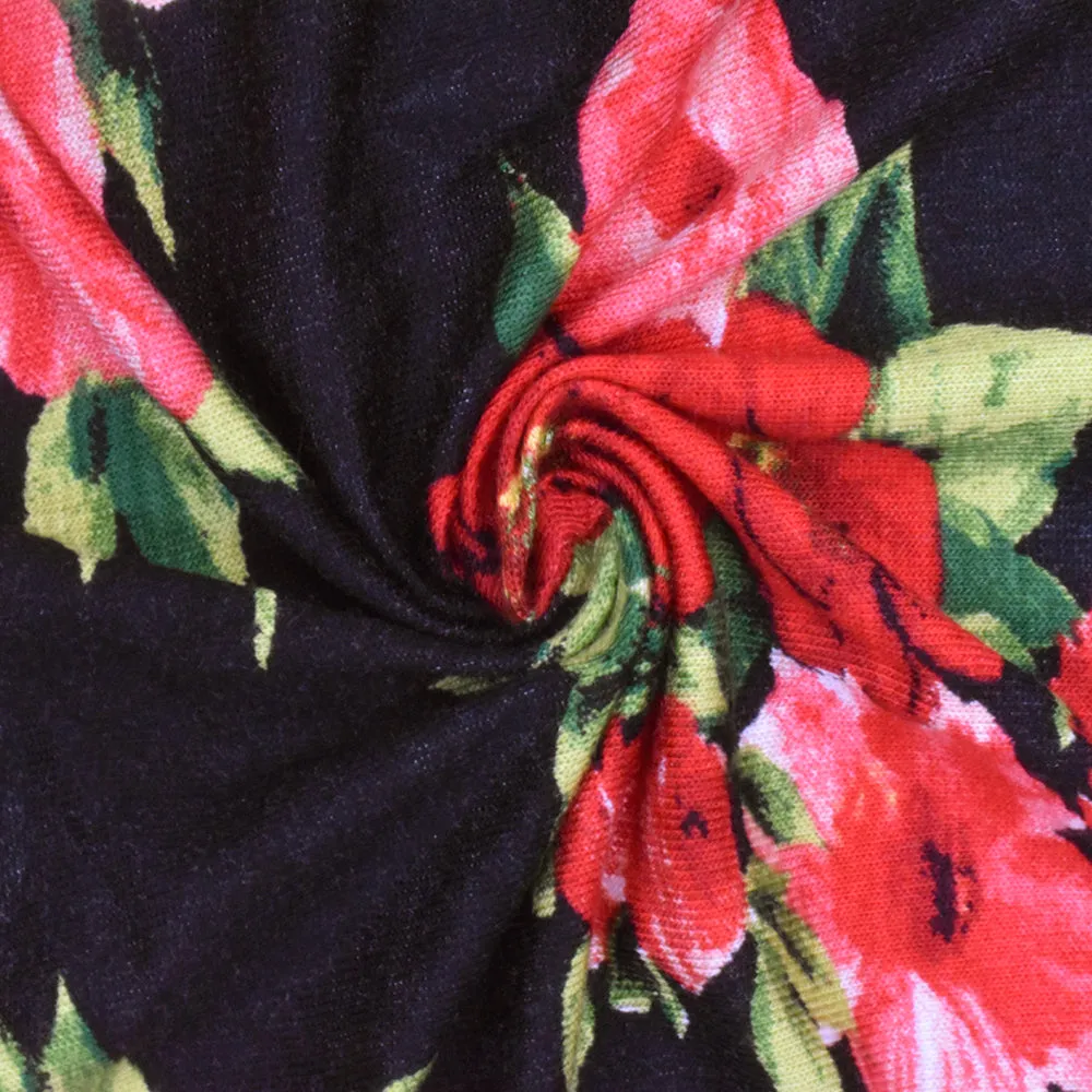 Black-Red-Multi Floral Printed Stretch Rayon Jersey Knit Fabric