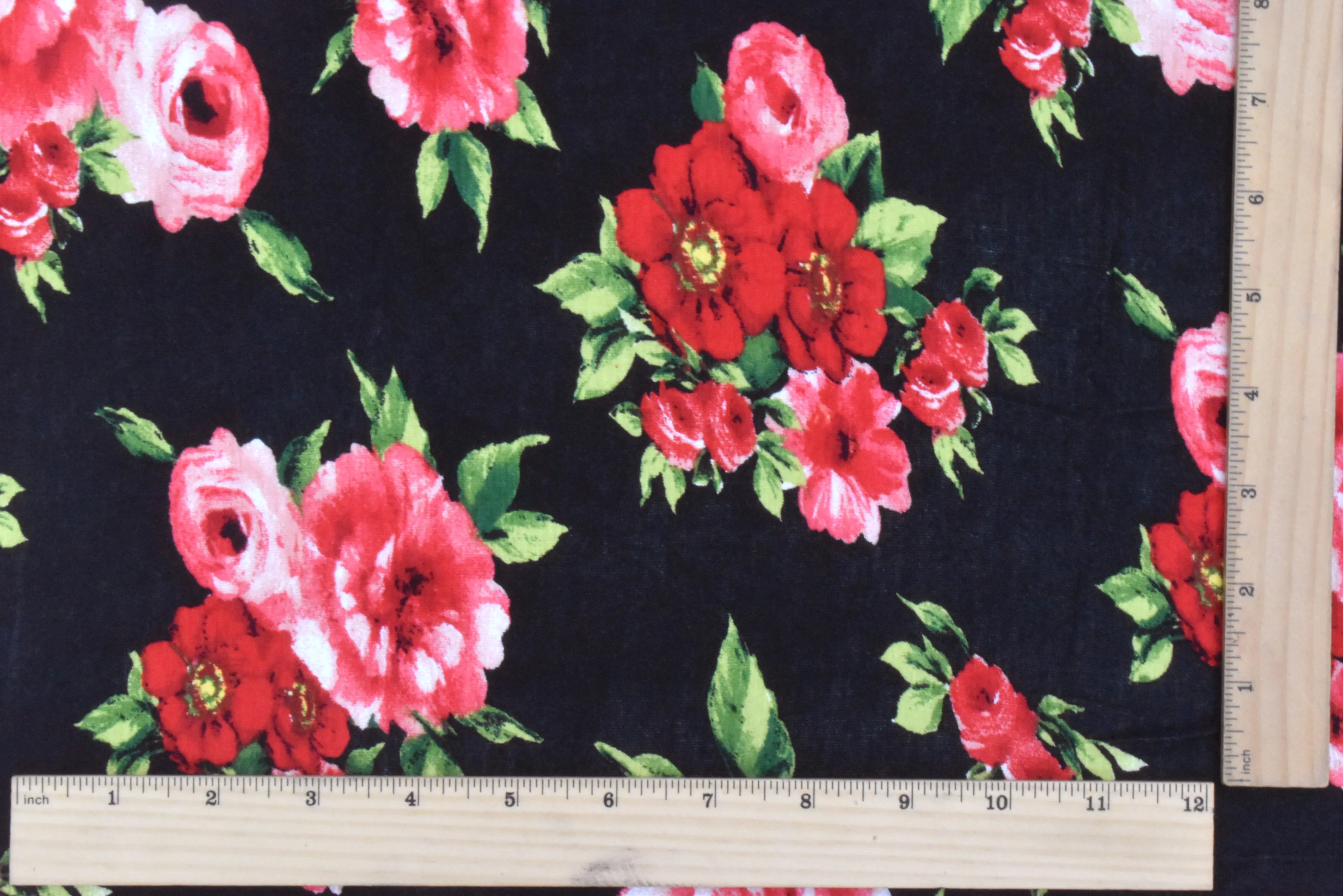 Black-Red-Multi Floral Printed Stretch Rayon Jersey Knit Fabric