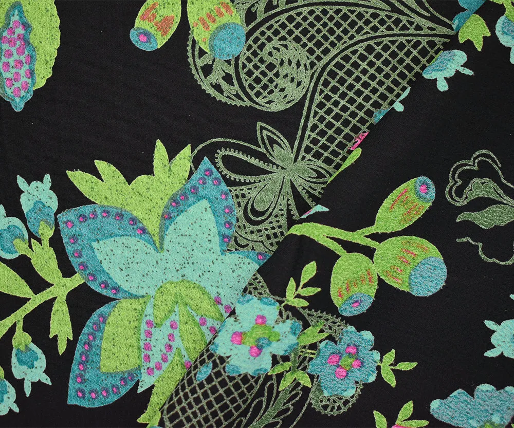 Black-Turquoise-Multi Floral Printed Rayon Crepe Faille Woven Fabric