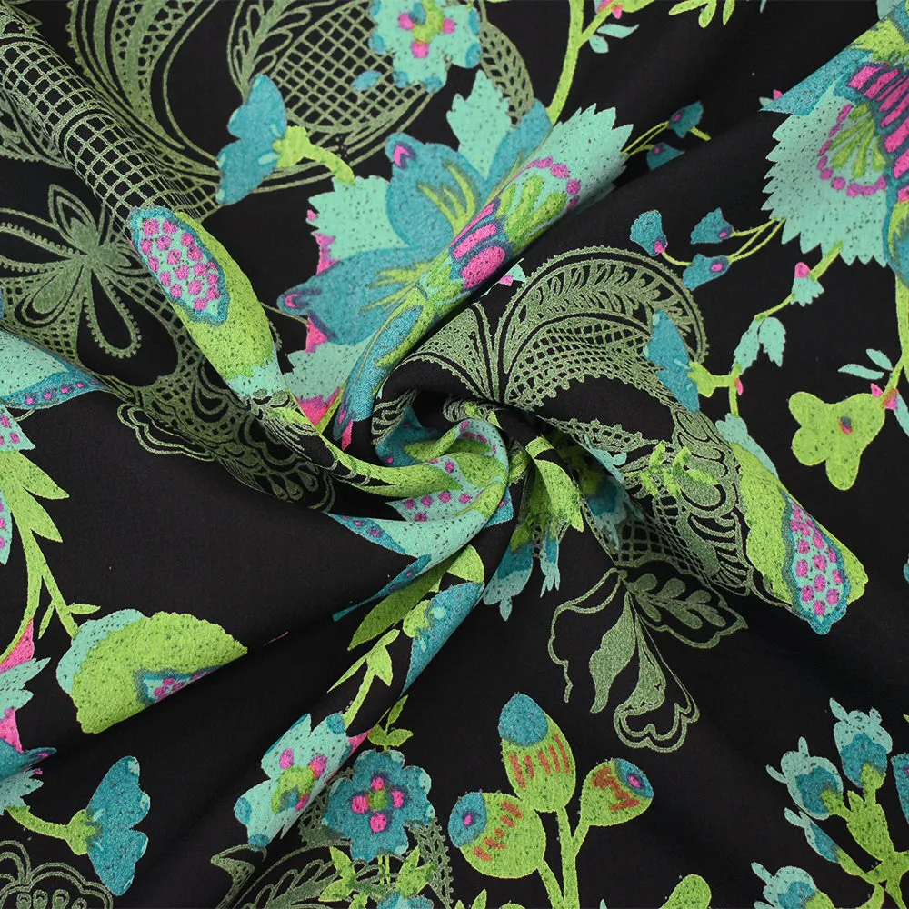 Black-Turquoise-Multi Floral Printed Rayon Crepe Faille Woven Fabric