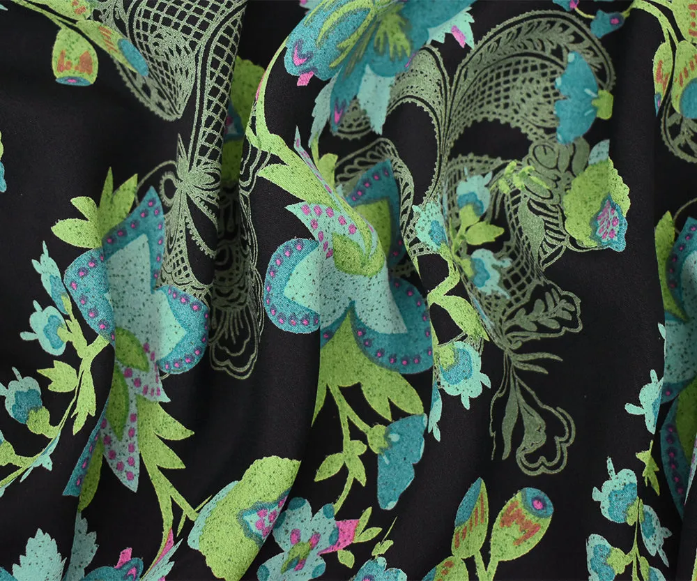 Black-Turquoise-Multi Floral Printed Rayon Crepe Faille Woven Fabric