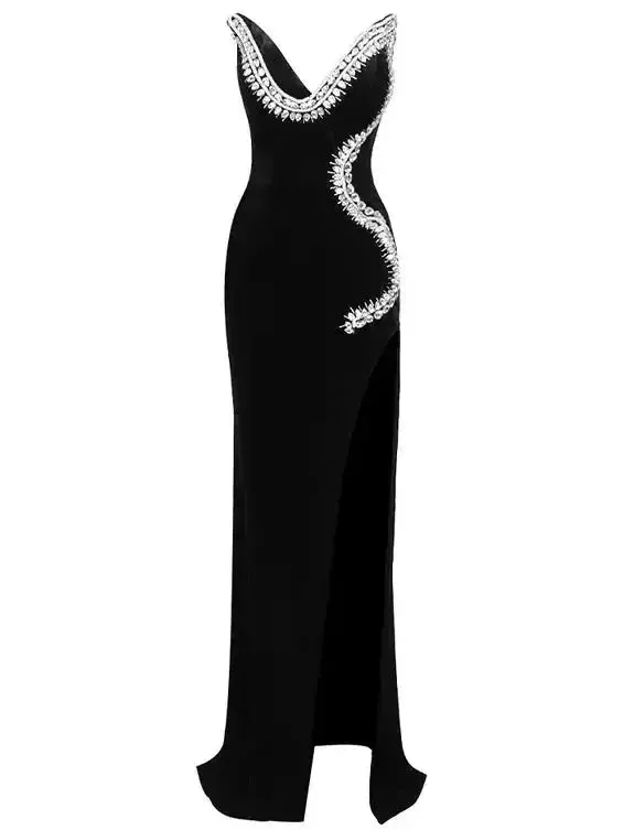 Black Velvet & Crystal Strapless Gown