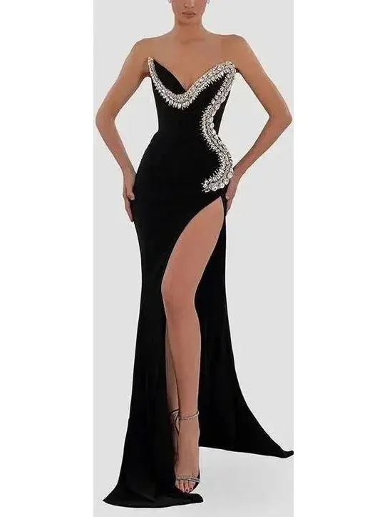 Black Velvet & Crystal Strapless Gown