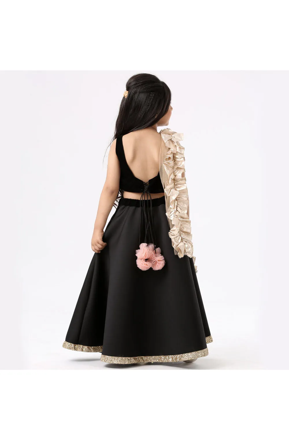 Black velvet choli and lehenga with ruflled dupatta