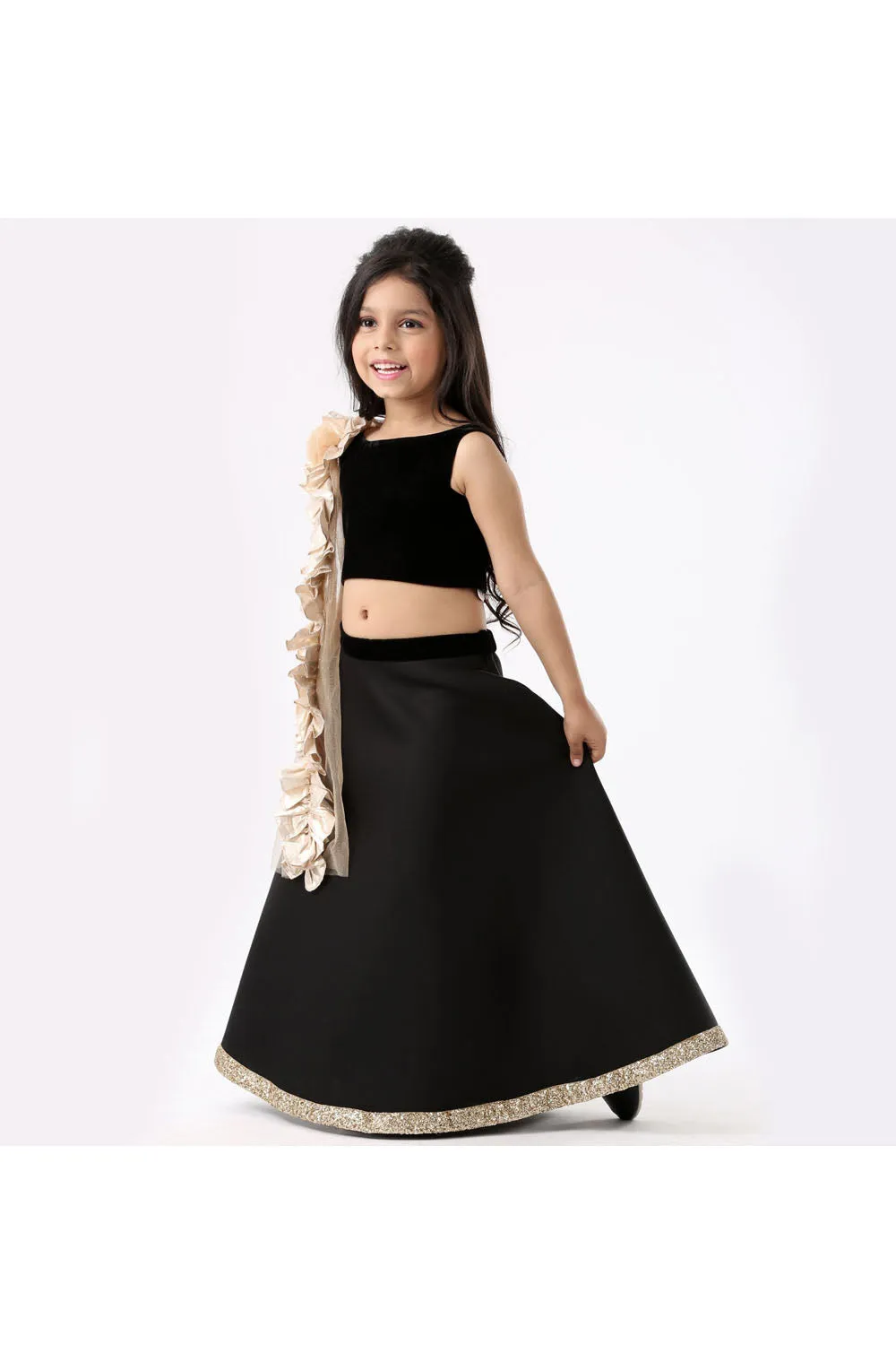 Black velvet choli and lehenga with ruflled dupatta