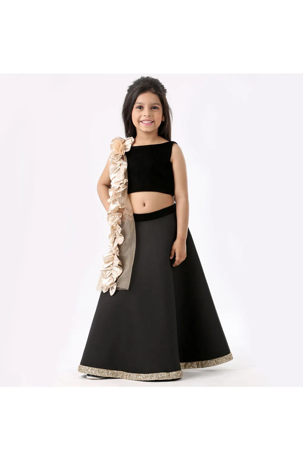 Black velvet choli and lehenga with ruflled dupatta