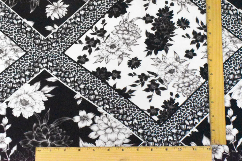 Black-White-Gray Famous Designer Floral Tile Printed Faille Woven Fabric