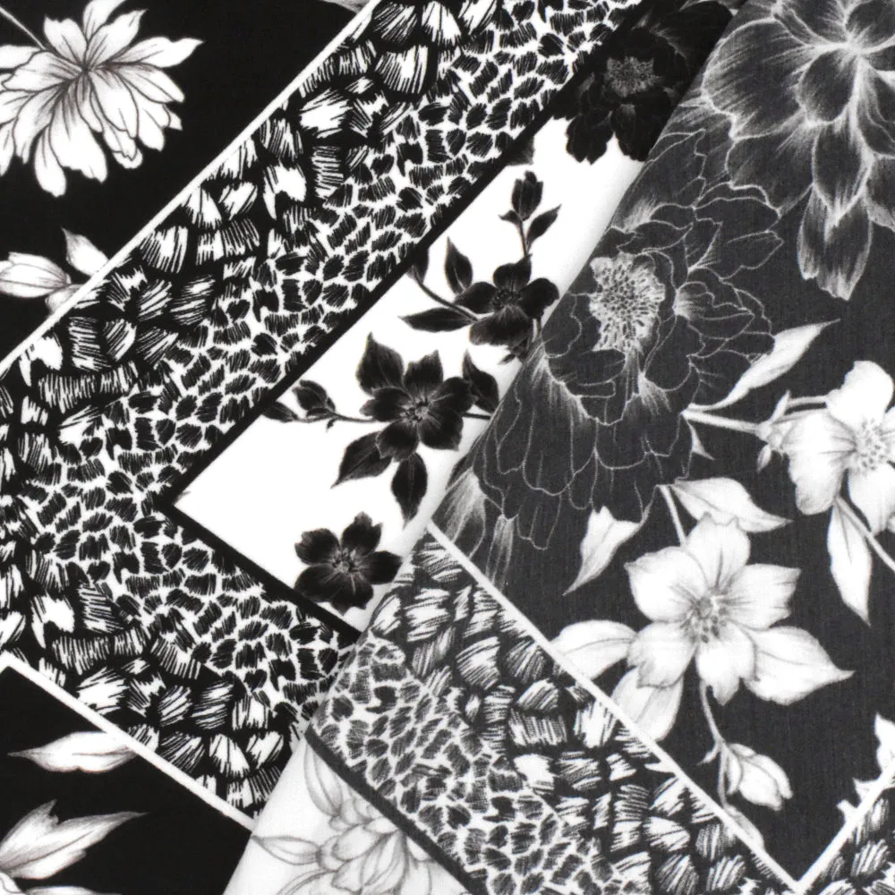 Black-White-Gray Famous Designer Floral Tile Printed Faille Woven Fabric