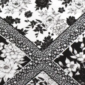 Black-White-Gray Famous Designer Floral Tile Printed Faille Woven Fabric