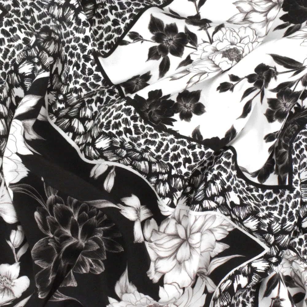 Black-White-Gray Famous Designer Floral Tile Printed Faille Woven Fabric