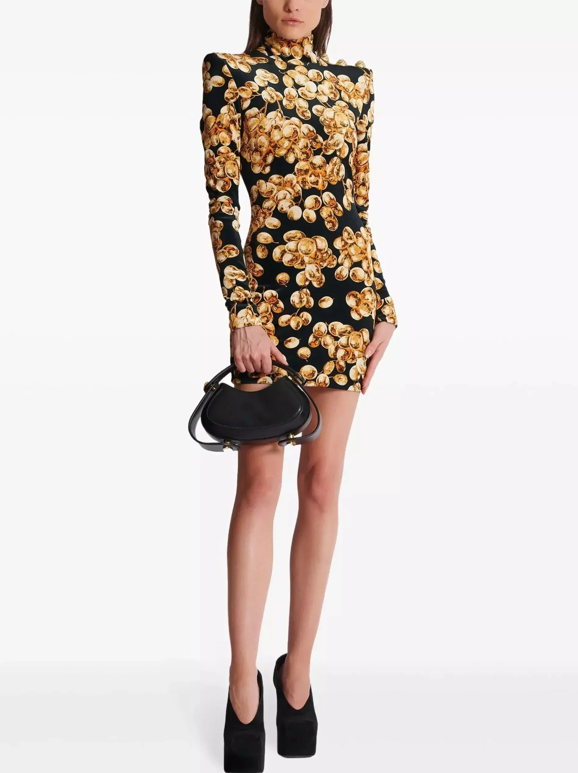 Black with Gold-Tone Grape Print Velvet Dress