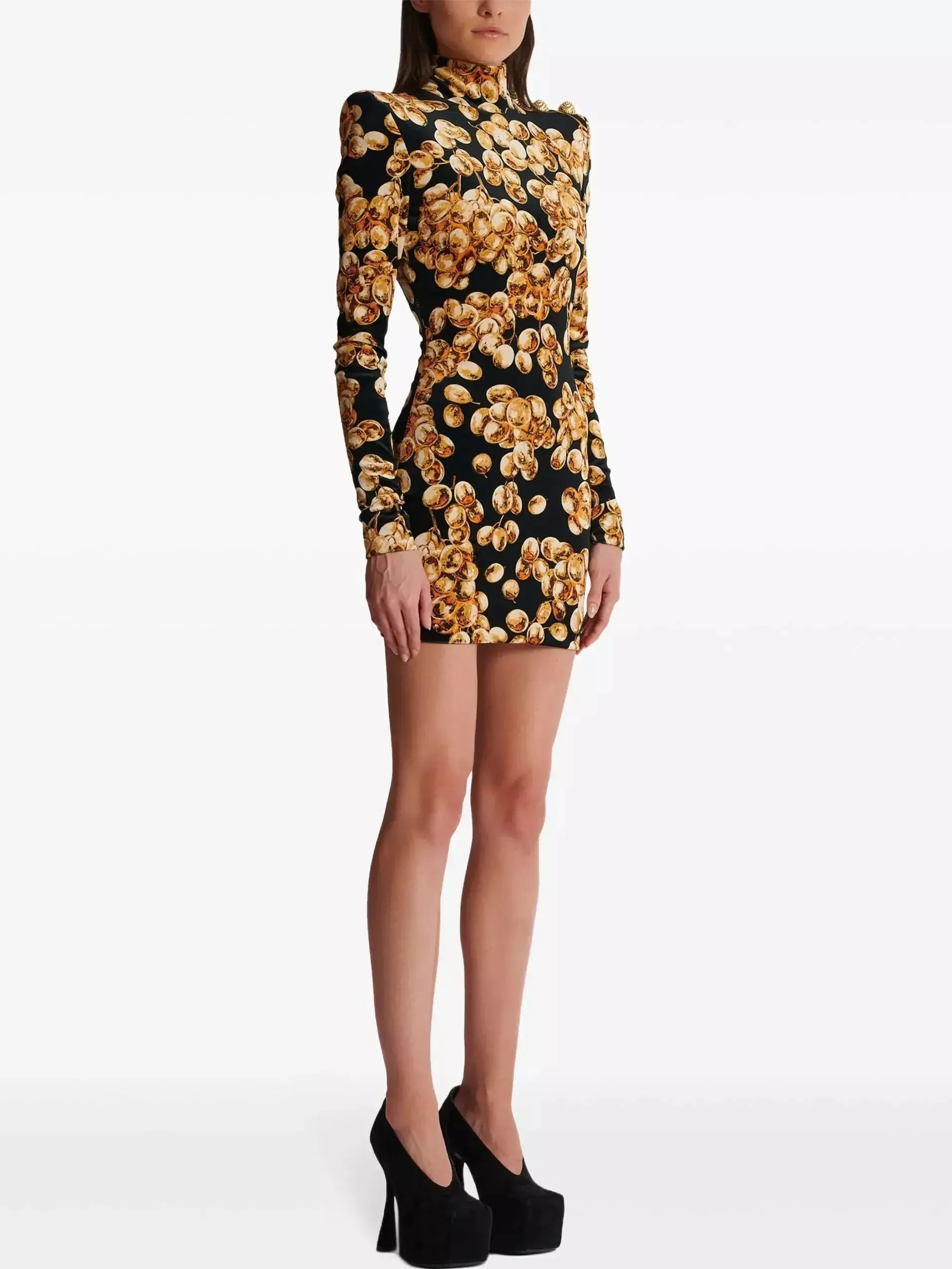 Black with Gold-Tone Grape Print Velvet Dress